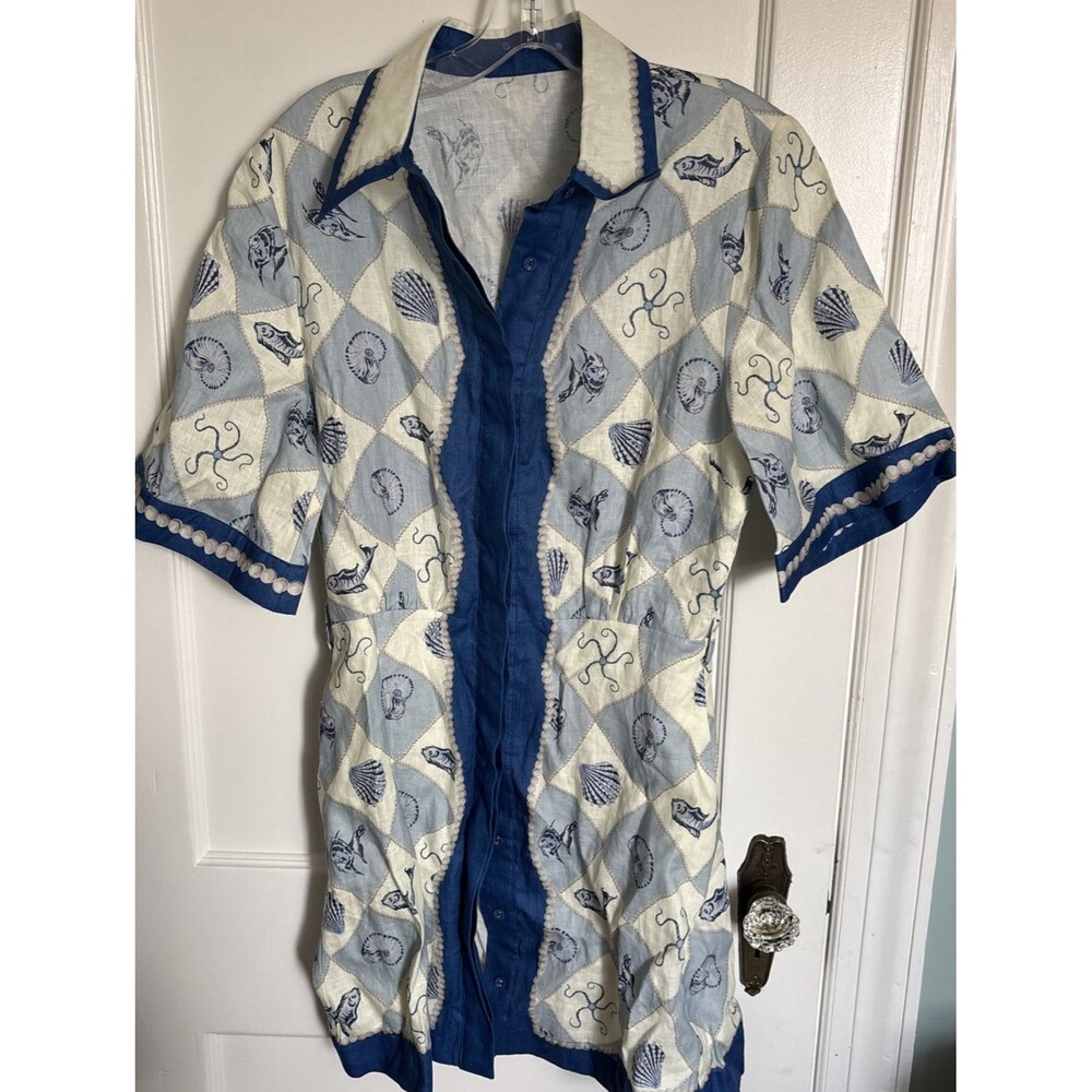 Alemais Pia Linen Mini Dress Seashell Fish Beach Summer Sz M? no belt